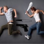 A man runs from a woman wielding a baseball bat, with drawn images of a knife and gun between them, all against a gray background.