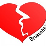 A red heart is split vertically with a white crack, and the word "Brokenhearted?" is written in black diagonally across the bottom right.