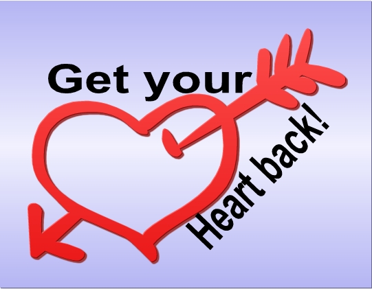 Red heart shape pierced by an arrow, with the text "Get your heart back!" on a light blue background.