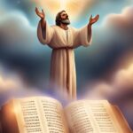 Painting of a man in a robe with arms raised, standing above an open book, with clouds and a light beam in the background.