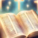 Open book of sheet music with glowing crosses in the background.
