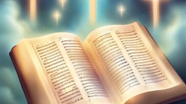 Open book of sheet music with glowing crosses in the background.
