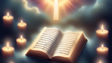 Open book of sheet music surrounded by lit candles, with a glowing cross shape above.