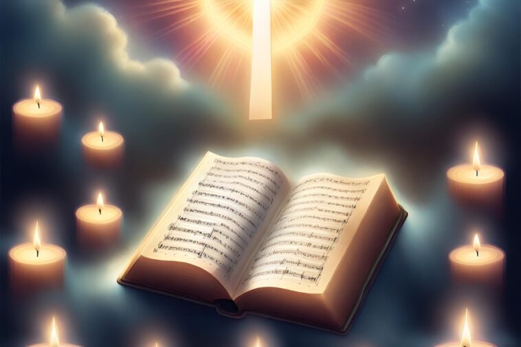 Open book of sheet music surrounded by lit candles, with a glowing cross shape above.