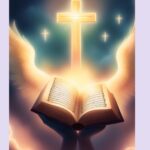 Hands hold an open book with angel wings, a glowing cross, and smaller crosses in the background.