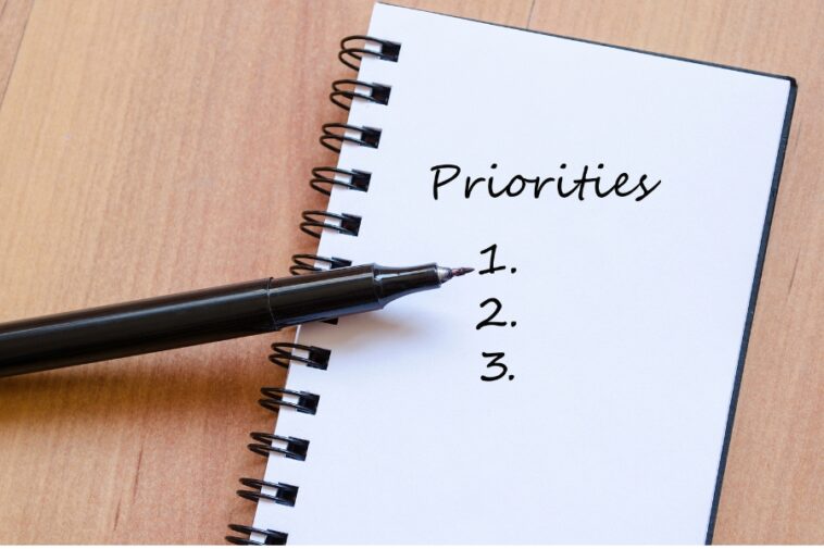 Spiral notebook with "Priorities" written on the top page, followed by numbered list 1, 2, 3, and a black pen pointing to the number 1.