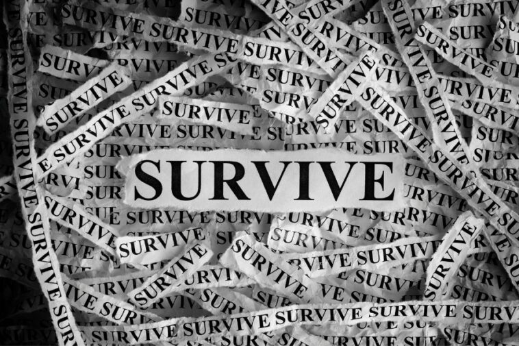 Torn pieces of paper with the word "SURVIVE" printed on them, scattered across a textured surface.