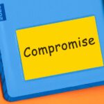 A blue 2020 planner with a yellow sticky note reading "Compromise" and a yellow pen on an orange surface.