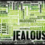A word cloud featuring emotion-related terms, with "Jealousy" displayed prominently in bold, black letters.