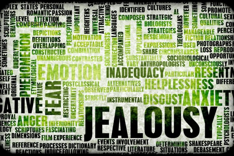 A word cloud featuring emotion-related terms, with "Jealousy" displayed prominently in bold, black letters.