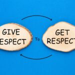 Two wood slices on a blue background read "Give Respect" and "Get Respect" with curved arrows indicating a cycle.