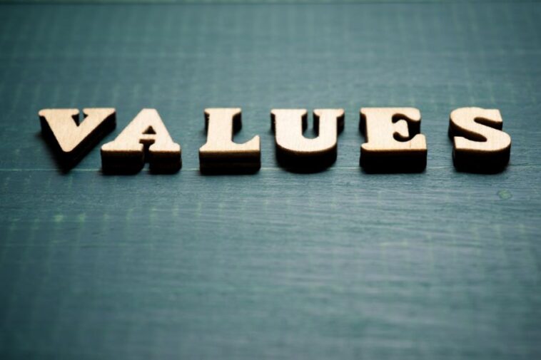 Wooden block letters spelling "VALUES" are arranged in a row on a textured, teal-colored surface.