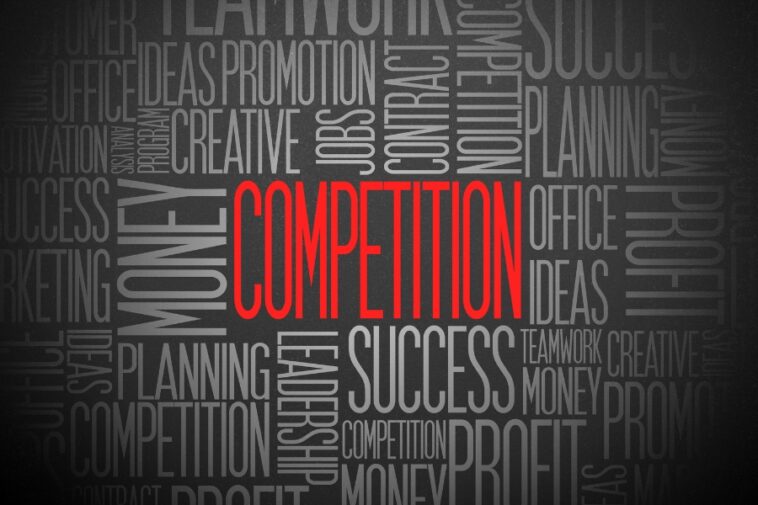 Word cloud with "COMPETITION" in red, surrounded by words like "SUCCESS," "MONEY," and "PLANNING" in gray.