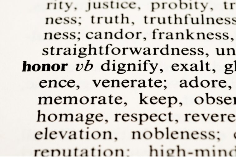 Close-up of a dictionary entry for "honor," showing its definition and synonyms.