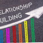 Chalk drawing on asphalt shows a rising bar graph with bars colored blue, pink, red, orange, yellow, and green, overlaid with an arrow labeled "Relationship Building" pointing upwards.