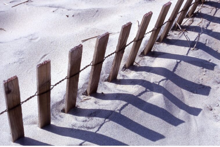 A low wooden fence with wire runs diagonally across a sandy beach, casting long shadows.