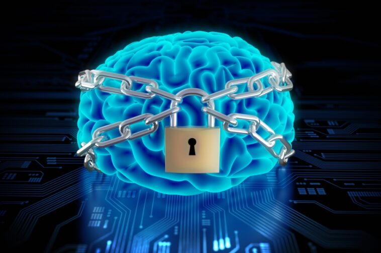 A glowing blue brain is wrapped in a silver chain and secured with a gold padlock, all set against a blue circuit board background.