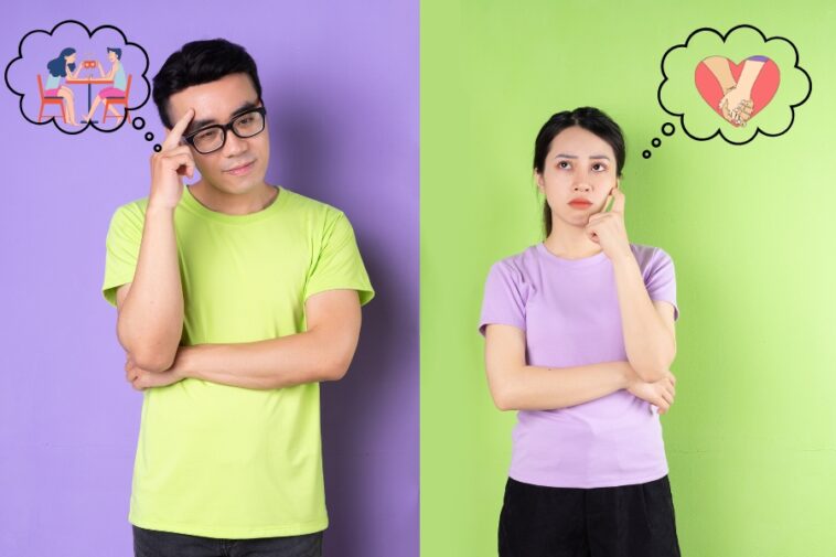 A man and a woman stand side-by-side against a split purple and green background, each with a thought bubble above their heads depicting different romantic scenarios.