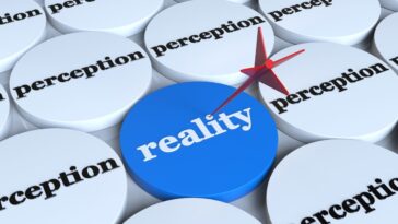 A red dart pierces a blue circle labeled "reality" surrounded by white circles labeled "perception.