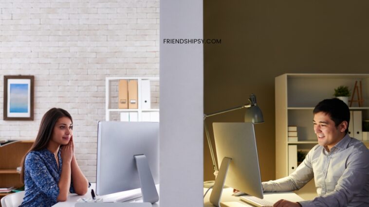 Split-screen view of a woman and a man at their computers, each in different rooms. The woman is in a brightly lit room with a brick wall, while the man is in a room with warm lighting.