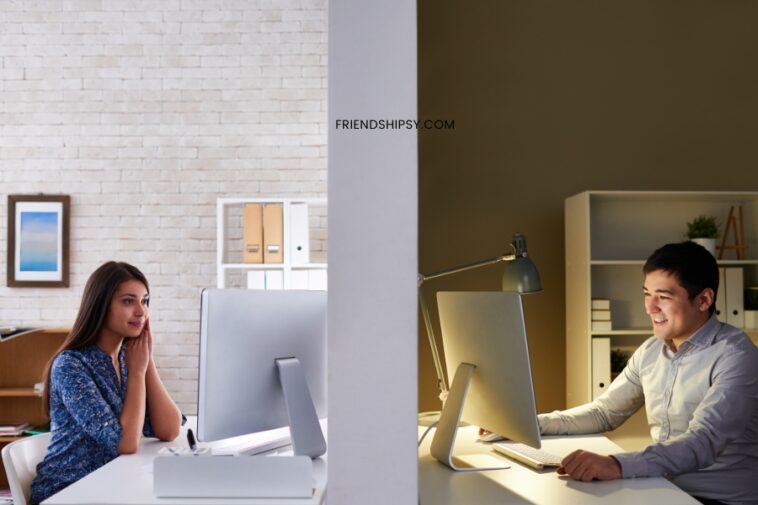Split-screen view of a woman and a man at their computers, each in different rooms. The woman is in a brightly lit room with a brick wall, while the man is in a room with warm lighting.