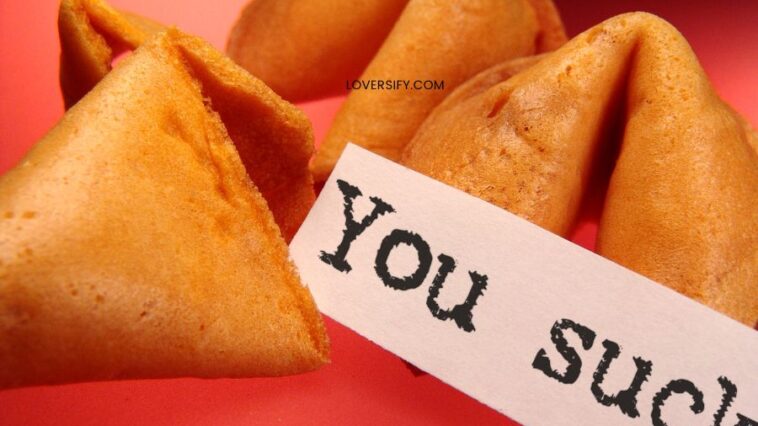 Several fortune cookies on a red surface, one with a paper sticking out that reads "You Suck.