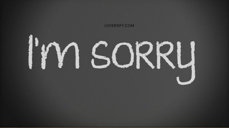A chalkboard with a wooden frame displays the words "I'm SORRY" in white chalk. Two pieces of chalk rest on the ledge below. The website "LOVERSIFY.COM" is written in small letters at the top.