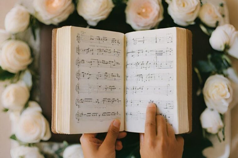 Open book of sheet music held by two hands, surrounded by white roses.