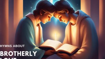 Two figures with heads bowed together, reading an open book with a cross and light behind them. Text reads "Hymns About Brotherly Love.