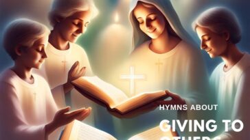 Four figures in white robes look at two open books, with a glowing cross and the text "Hymns About Giving to Others".