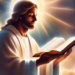 A man with long hair and a beard is reading an open book, with a cross in the background.
