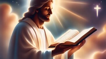 A man with long hair and a beard is reading an open book, with a cross in the background.