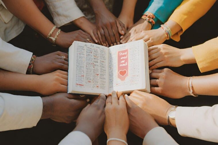 Many hands, some wearing bracelets and rings, surround an open book with handwritten notes and a bookmark with a heart.