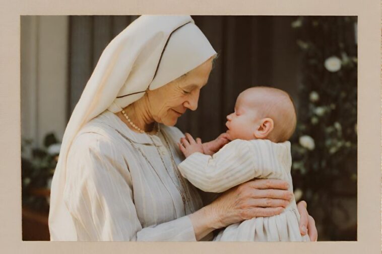 An older woman in a white head covering and dress holds a baby, both facing each other.