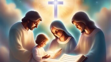 A family, including a child, reads an open book with musical notes under a glowing cross in a sky with clouds.
