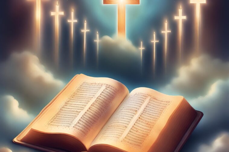 Open book with text, set against a backdrop of clouds and glowing crosses.