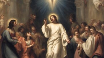 Painting of a figure in white robes surrounded by a crowd, with a bright light above.