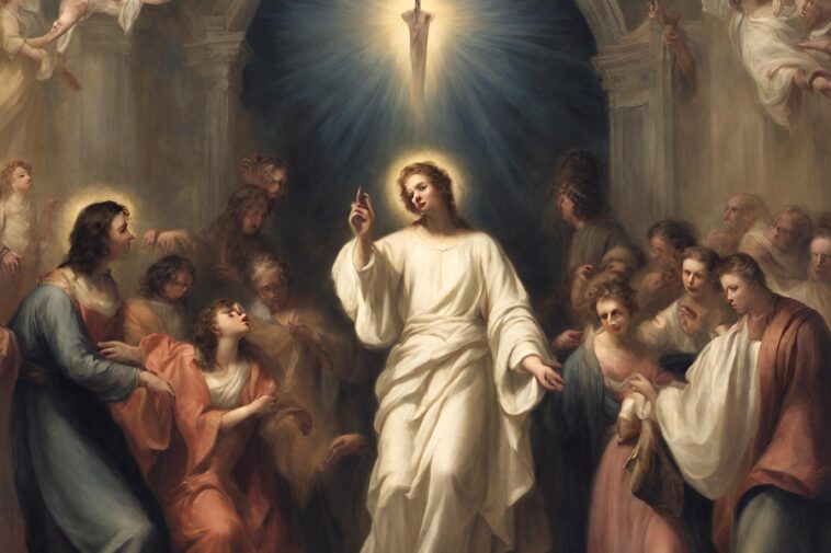 Painting of a figure in white robes surrounded by a crowd, with a bright light above.
