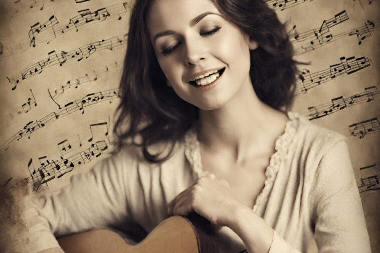 A smiling woman with closed eyes holds a guitar, with musical notes in the background.