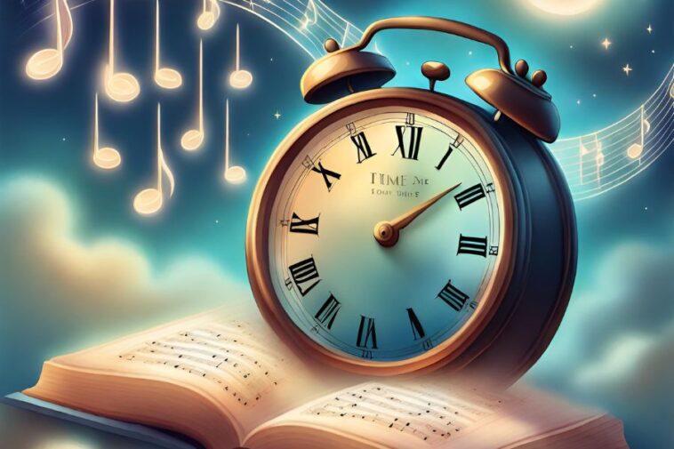 Alarm clock resting on an open book of sheet music, with glowing musical notes floating in the background.