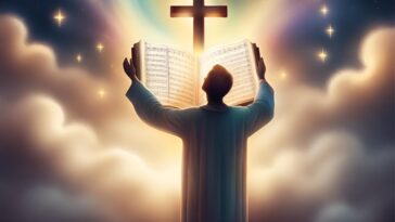 Person in a robe holds open a music book, with a cross above, set against a starry, cloudy sky.