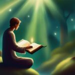 In a forest setting, a person sits cross-legged, reading a book with a feather bookmark, bathed in a beam of light.