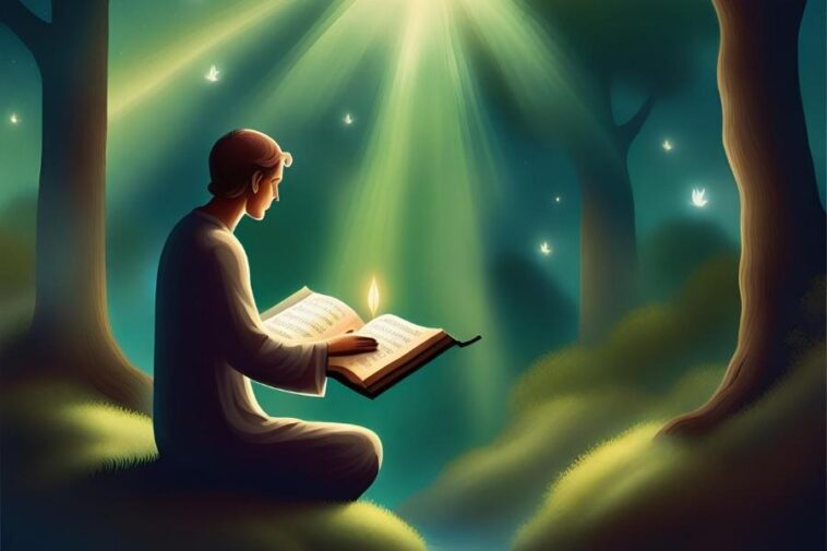 In a forest setting, a person sits cross-legged, reading a book with a feather bookmark, bathed in a beam of light.