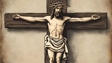 Illustration of a man with a beard and a crown of thorns on a wooden cross. He is wearing a white cloth around his waist.