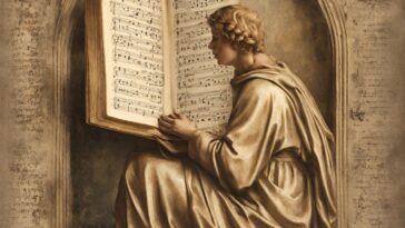 Figure in draped clothing sits reading a large open book of sheet music in an arched alcove.