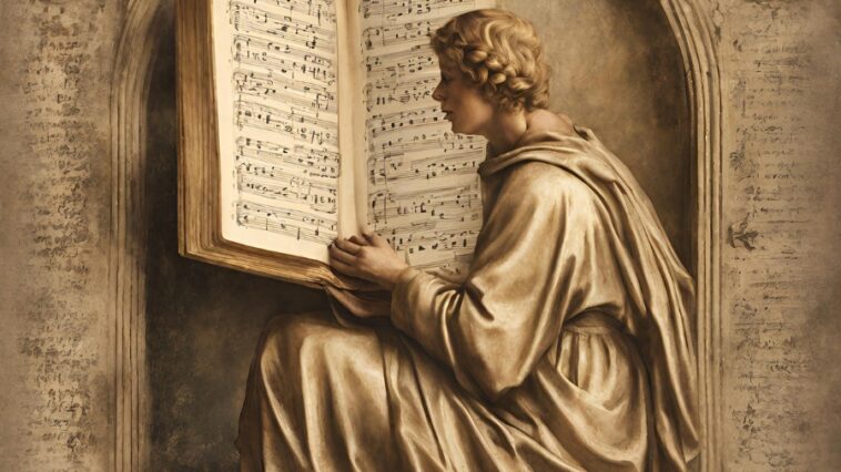 Figure in draped clothing sits reading a large open book of sheet music in an arched alcove.