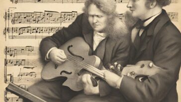 Two men in suits playing stringed instruments, overlaid on sheet music.