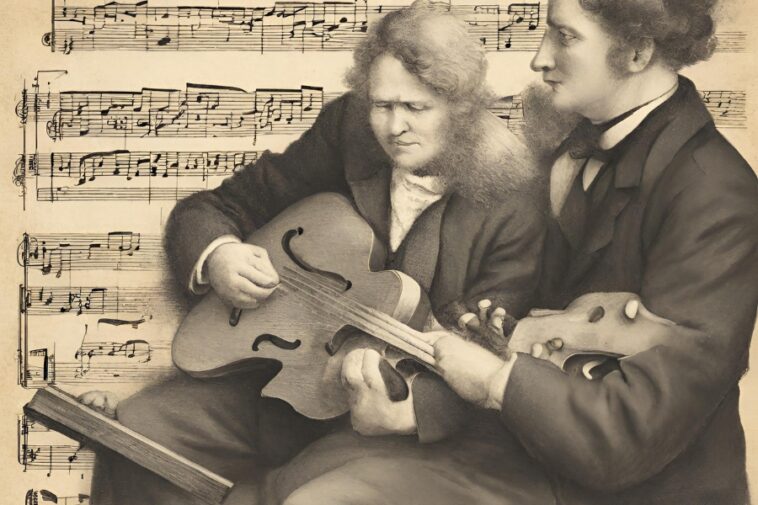 Two men in suits playing stringed instruments, overlaid on sheet music.