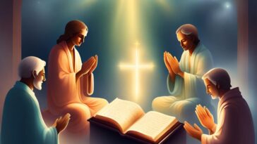 Four people are sitting in a circle with hands clasped in prayer around an open book; a glowing cross shines above.