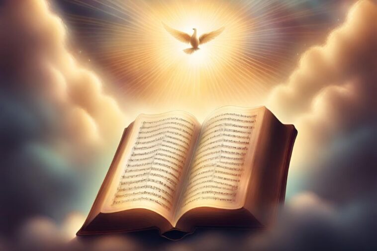 Open book with text on pages, a dove flying above, surrounded by clouds and bright light.